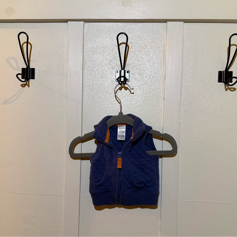 Carter's Navy Vest with Bright Orange Trim Zipper & Pockets Size Newborn